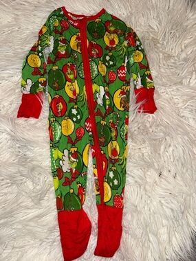 Kids Green Holiday Character Footed One-Piece Pajamas - Red Trim